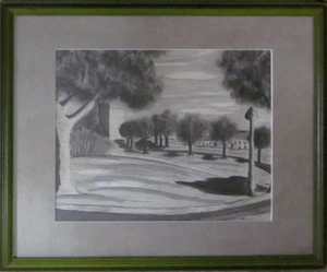 Landscape Ink And Watercolor On Crescent Board En Grisaille Student Signed - Picture 1 of 2