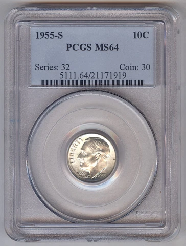 1955-S Roosevelt Silver Dime 10C + SILVER + PCGS + MS 64 Cover