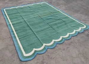 Modern Handmade Cotton Area Flat Weave Rug, Green & Blue Scallop Kilim Dhurrie, - Picture 1 of 9