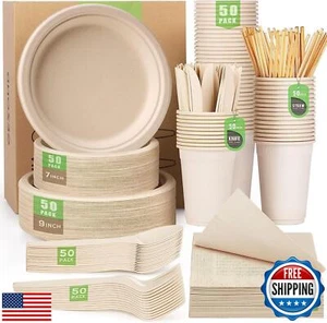 Gezond 400pcs Compostable Paper Plates Set Eco-friendly Heavy-duty Disposable - Picture 1 of 5