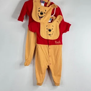 Vintage 80s 90s Winnie the Pooh Romper Detachable Bib 6M Set of 2 Retro Footie - Picture 1 of 15