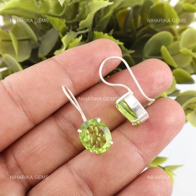 Oval Natürlich Peridot 925 Silber Art Déco Mutter Weihnachten Ohrhänger Ohrringe - Bild 1 von 4