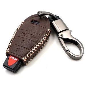 Brown Leather Cover Key Fob Case 5 Buttons For Dodge Challenger Charger IYZ-C01C - Picture 1 of 6