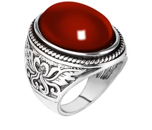 Hombre Estate Corel Gem Finger Ring Grabado Band Fiesta Banquete Oro Blanco 1... - Imagen 1 de 6