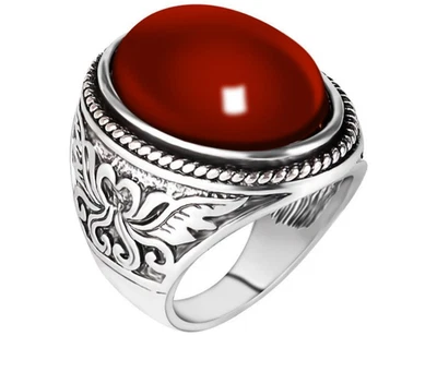 Hombre Estate Corel Gem Finger Ring Grabado Band Fiesta Banquete Oro Blanco 1... - Imagen 1 de 4