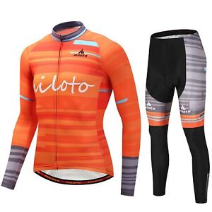 Men's Cycling Set Orange Long Sleeve Jersey & Padded Long (Bib) Pants Tights Kit