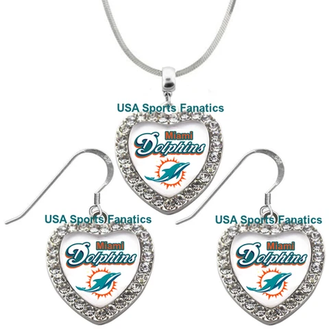 Miami Dolphins 925 Necklace or Earrings or Set Team Heart With Rhinestones Cover