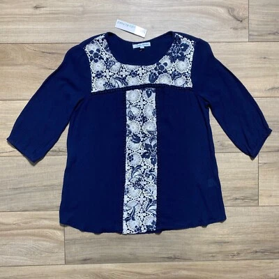 Claudia Richard Womens 3/4 Sleeve Top With Crochet Detail Size Small Navy Blue - Image 1 of 4