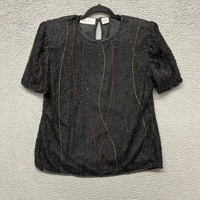 Lawrence Kazar 衬衫女式 L 黑色串珠艺术穿优雅复古 — 第 1/4 张图片