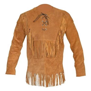 Herren Western Cognac Braun Buckskin Wildleder Leder Mountain Man Fransen Hemd MMS06 - Bild 1 von 2