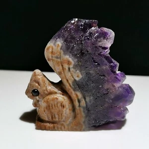 Natural Amethyst, Quartz Mineral Specimen, Hand-Carved Squirrel Healing,  Z8 - Picture 1 of 9