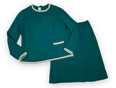 Vtg 80s Knitique Long Sleeve Knit Top & Skirt Set Green Orange Stripe Juniors 11 - Image 1 of 4