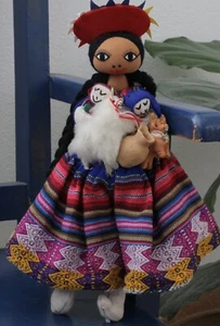 Vintage Embroidered Peruvian Folk Art Doll Handmade, with 3 Babies, Llama, Spool - Picture 1 of 11