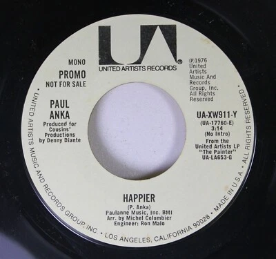 Rock Promo 45 PAUL ANKA HAPPIER / happier on UNITED ARTISTS MUSIC AND RECORDS - Image 1 of 2