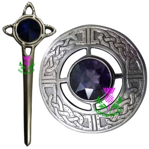 Scottish Fly Plaid Brooch Purple Stone Silver Antique Finish Pin & Brooches 8 cm - Picture 1 of 3