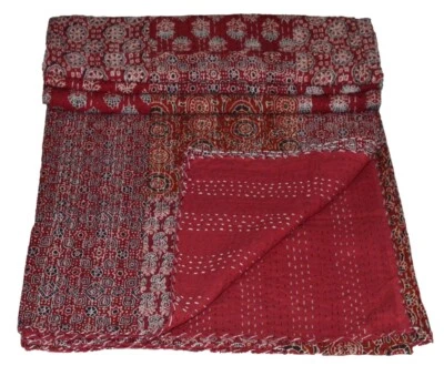Indian Red Ajrakh Print Kantha Quilt Blanket Cotton King Bedspread Gudari Throw - Image 1 of 4