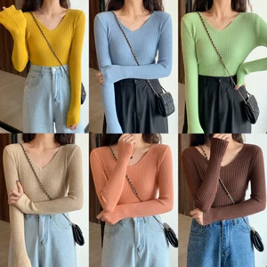 Women Knitted Stretch Long Sleeve T-Shirt Plain Fitted Basic Solid Slim Layering - Picture 1 of 29