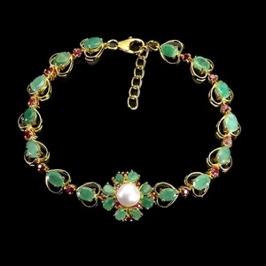 925 Sterling Silver Bracelet Oval Emerald 6x4mm Ruby Pearl Gemstone Jewelry 8in - Picture 1 of 13