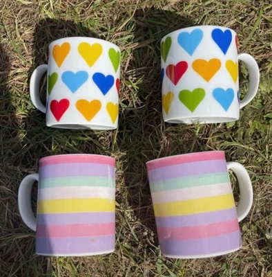 Tazas de café espresso de porcelana a rayas corazones artesanales de cocina X 4 nuevas Foto 1 de 2