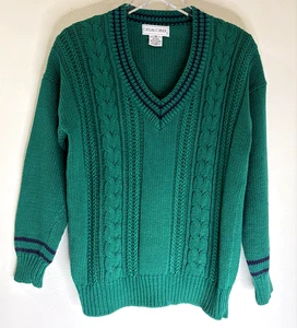VTG Casual Corner Sz Med Cable Knit Tennis Sweater Green Navy Cotton Blend - Picture 1 of 12