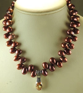 Statement Copper Red Pearl Necklace CZ & Marcasite Pendant  Earrings Set Wedding - Picture 1 of 2