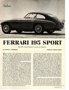 1950 FERRARI 195 SPORT ~ ORIGINAL 4-PAGE 1965 ARTICLE / AD - Imagen 1 de 1