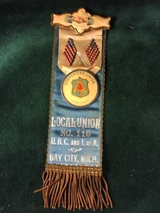 Carpenters Union Lodge Pin Ribbon~Local Union No116 UBC& JofA~Bay City, Michigan - Imagen 1 de 8