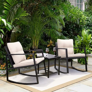 3 Pieces Rocking Wicker Bistro Set, Patio Outdoor Furniture Conversation Sets wi - Picture 1 of 12