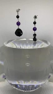 Orecchini Pendenti Argento 925 Ametista E Pietre Dure Viola Nero - Foto 1 di 2