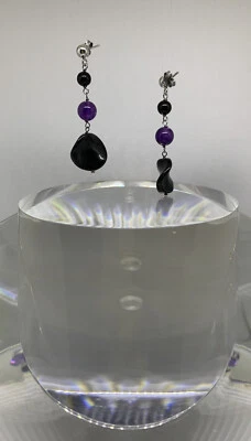 Orecchini Pendenti Argento 925 Ametista E Pietre Dure Viola Nero - Immagine 1 di 2