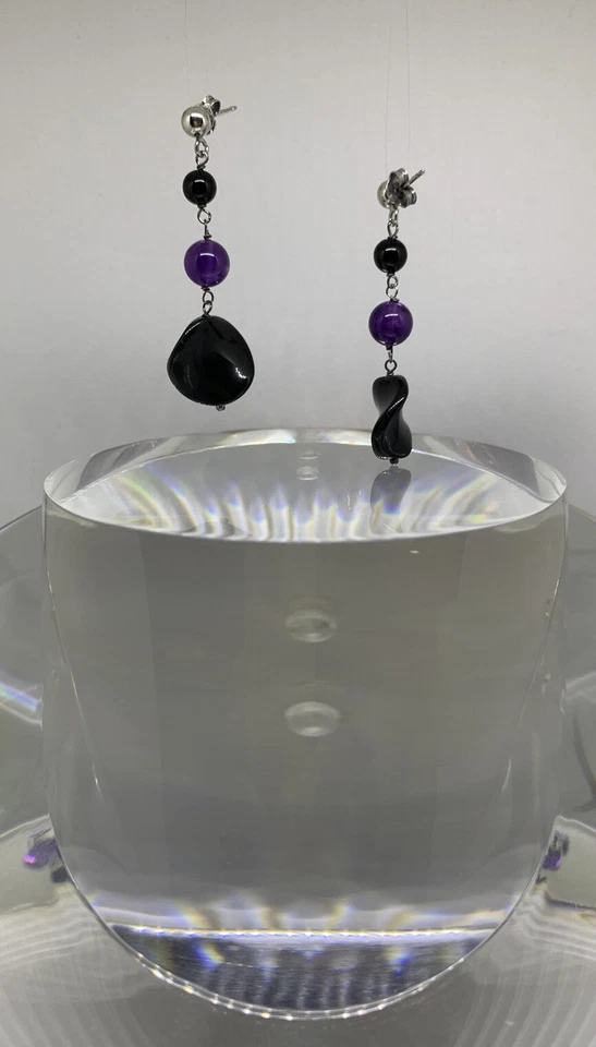 Orecchini Pendenti Argento 925 Ametista E Pietre Dure Viola Nero - Immagine 1 di 2