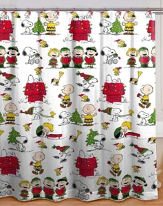 Peanuts Snoopy & Woodstock Christmas Shower Curtain & Hook Set 70"x72" New 2019 - Picture 1 of 3