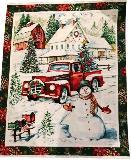Brother Sister Design Studio Fabric Panel Christmas Farm , Red Truck, Snowman - Image 1 of 3