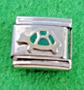 VTG TURTLE ITALIAN BRACELET CHARM GREEN SHELL 9MM ENAMEL STAINLESS STEEL FASHION - Picture 1 of 4