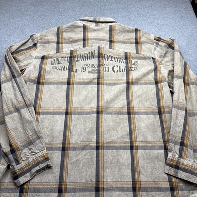 Harley Davidson Shirt Mens 2XL Button Up Long Sleeve Tan Plaid Spell Out Logo - Image 1 of 4