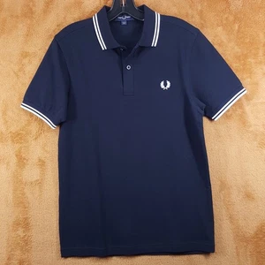 FRED PERRY Polo Shirt Mens Small Blue Tipped Stripe Short Sleeve Logo - Picture 1 of 9