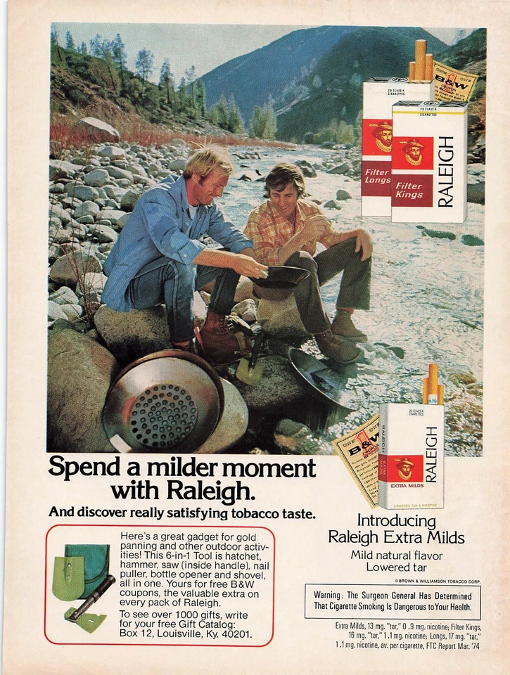 Anuncio de cigarrillos Raleigh vintage años 70 decoración para fumar retro hombre arte de pared cueva 1974 Foto 1 de 1