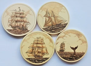 Barlow American Ships Scrimshaw 1970's Coasters Set Of 4, Cork Back, Never Used! - Picture 1 of 7