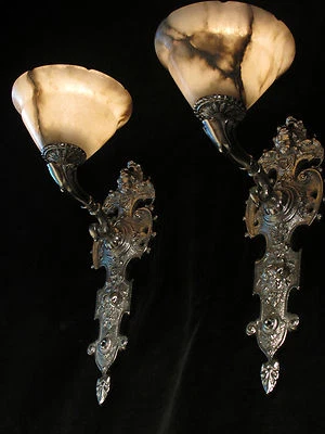 Par de luces de pared placa de plata BRONCE MACIZO Y LUCES INDUSTRIALES DE ALABASTRO REAL  Foto 1 de 4