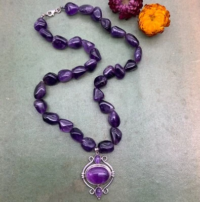 Collana Vintage Argento Sterling 925 Dichiarazione Ametista Boho Bali Etnica 20’’ - Immagine 1 di 4