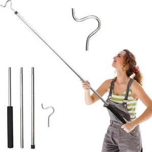 Clothing Hook Pole,51 Inch Closet Pole Reach with Hook Stainless Steel Sponge  - Picture 1 of 3