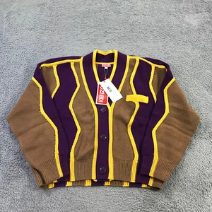 Kenzo Sweater Womens Large Wavy Stripe Cardigan Purple Yellow Brown Wool - Picture 1 of 16