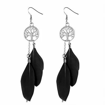 Gancho boho de acero inoxidable colgante pendiente árbol de la vida pluma borla regalo Foto 1 de 4