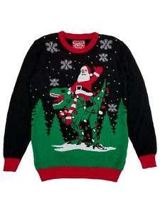 Boys Red & Black Santa Riding T-Rex Santa Christmas Holiday Sweater XL 18-20 - Picture 1 of 2