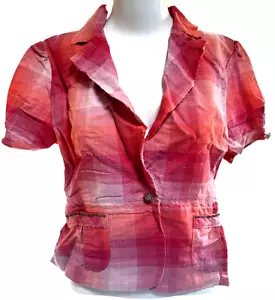 True Meaning Jacket Crop Puff Sleeve VTG Y2K Embellished Pink Plaid 10 Romantic - Picture 1 of 3