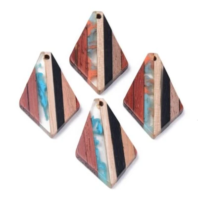 4 pcs. Stripes Multicolor Resin and Brown Wood Triangle Flat Pendant - 33mm - Image 1 of 2