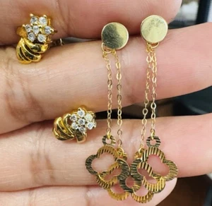 New 18K 750 Fine Yellow Real Gold Dangle & 14K Real Diamond Earring 2 Set 5.6grm - Picture 1 of 23