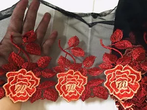 Red Floral Embroidered Mesh Lace Trim for Sewing/Crafts/Bridal/8" Wide - Picture 1 of 12