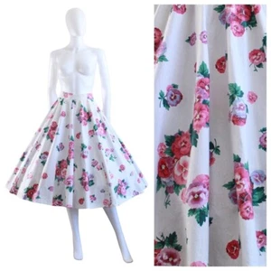 50s PANSY PRINT Cotton FULL SKIRT Floral Novelty Print Fit & Flare  M/L Vintage - Picture 1 of 9
