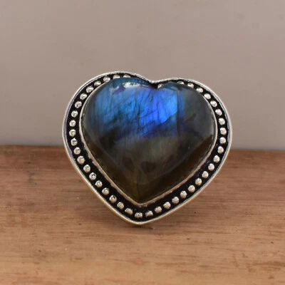 Natale Pietra Labradorite 925 Argento Sterling Mano Anello Tutte le Misure GA-10 - Immagine 1 di 4